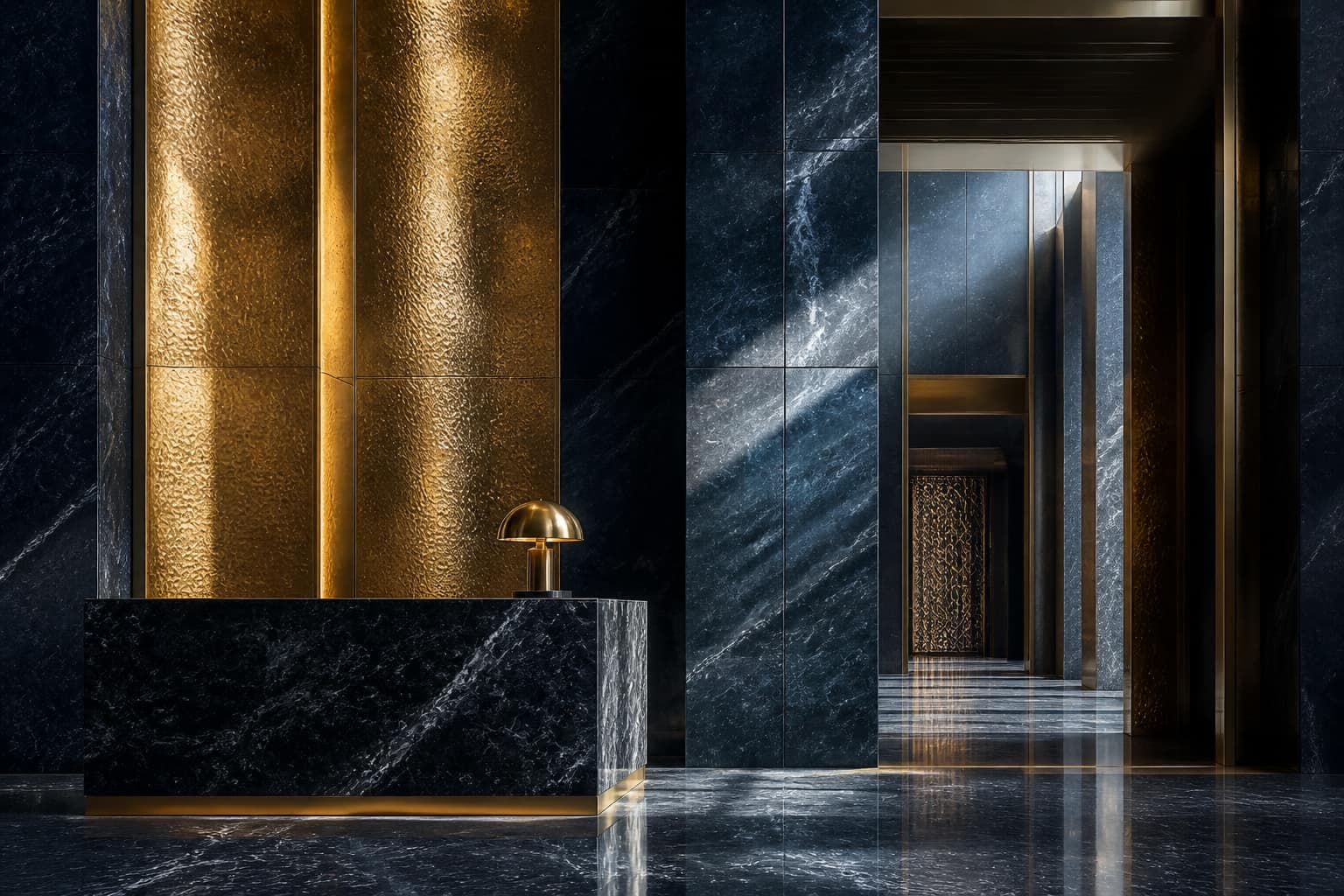 Architectural navy and gold interior